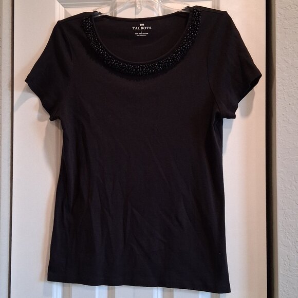 Talbots Black Beaded Puma Cotton Tee Women's Size L - Picture 6 of 13